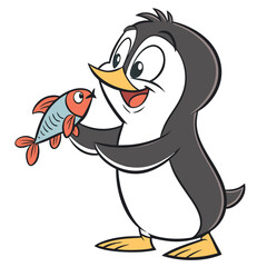 A smiling penguin holding a small fish in its beak Illustrator Artwork
