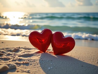 Fototapeta premium Romantic Beach Sunset Two Red Hearts in Sand