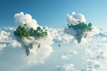 Two idyllic, treecovered islands float amidst fluffy white clouds under a bright blue sky. A smaller island is visible in the distance, creating a serene, otherworldly scene.