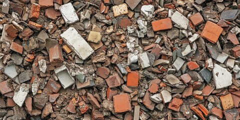 A significant aggregation of construction waste consisting of bricks, pieces of cement, and fragments of concrete is present in a large heap.