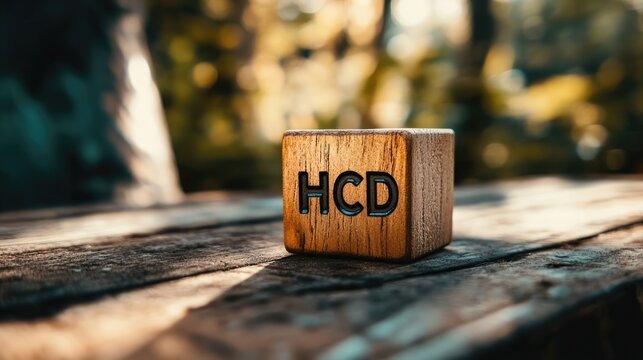 Wooden cube with letters HCD illuminated by natural light on a rustic wooden table in a serene outdoor setting