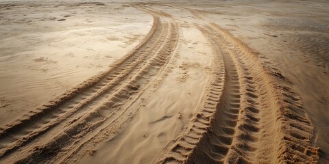 Tire marks on sandy terrain showcase a car track impression, highlighting the interaction between a vehicle and the soft sand on a beach. The tire car track stands out uniquely against the landscape.