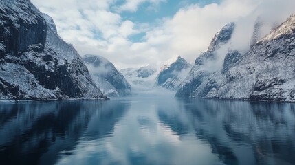 Winter wonderland in the Norwegian fjords showcasing stunning snow capped landscapes, serene waters, and dramatic cliffs. Experience the breathtaking beauty of the fjords in winter.