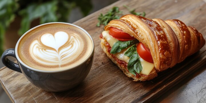 Cappuccino paired with a delicious croissant filled with cheese and tomato creates a stylish view. Enjoy the latte art heart design in the coffee cup beside the croissant sandwich on the table.