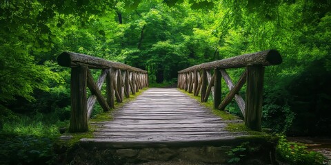 Obraz premium A rustic wooden bridge nestled among vibrant green trees, creating a serene atmosphere that highlights the beauty of nature and the charm of the old wooden bridge experience.