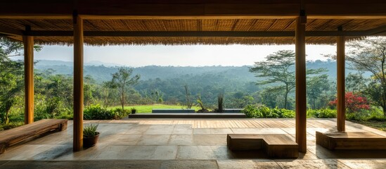 Fototapeta premium Minimalist interior design with scenic nature views showcasing tranquility and harmony in a serene outdoor environment