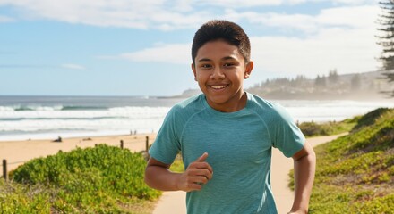 Energetic young boy enjoying a run on a sunlit beachside pathway