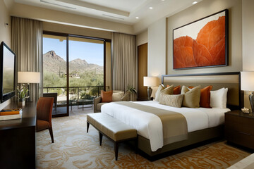 Modern hotel room with mountain views in a serene desert setting.