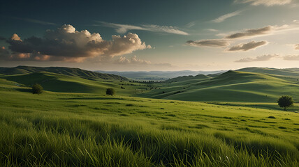 Sunny meadow landscape,
Green grass field at beautiful sunset sky background rural landscape
