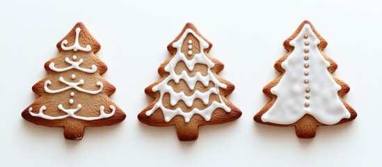 Fototapeta premium Three decorated gingerbread cookies shaped like Christmas trees with icing details on a bright background perfect for holiday celebrations.