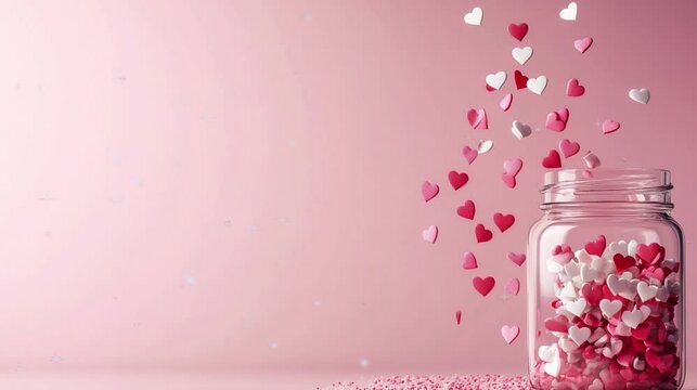 Paper pink heart in the jar with pink background copy space for text greeting video campaign for Valentine Day, Mothers' Day.