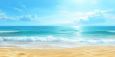 Obraz premium Summer holiday backdrop featuring serene beach, golden sand, clear blue sky, and tranquil sea, creating a perfect setting for relaxation and enjoyment during summer holiday adventures.