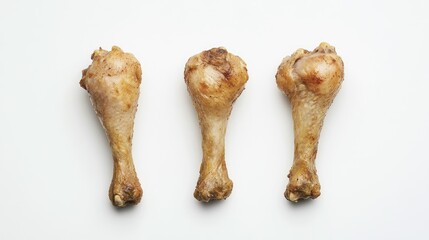 Three perfectly roasted chicken drumsticks arranged on a clean white background showcasing delicious golden-brown color and texture.