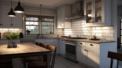 Spacious and bright modern farmhouse inspired kitchen featuring a large farmhouse sink subway tile backsplash and stylish lighting fixtures that create a warm and inviting atmosphere