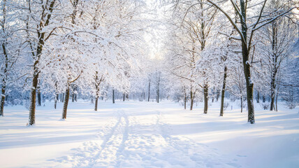 A snow-covered forest during a gentle snowfall, with soft light filtering through the trees, creating a serene and tranquil winter atmosphere.