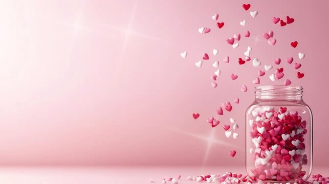 Paper pink heart in the jar with pink background copy space for text greeting video campaign for Valentine Day, Mothers' Day.