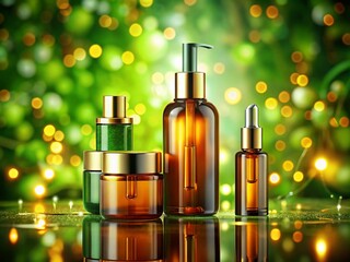 Animated amber glass skincare bottles, 4K bokeh.