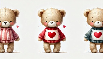 Cute teddy bear wearing heart sweater illustration in watercolor style