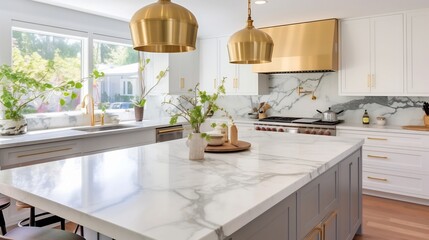 Elegant and Spacious Kitchen Design Featuring a Large Marble Topped Island Hanging Pendant Lighting and Modern Appliances for a Sophisticated Culinary Experience