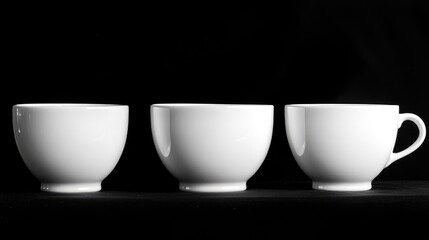 Three minimalist white coffee cups arranged separately on a sleek black backdrop showcasing simplicity and elegance in design.