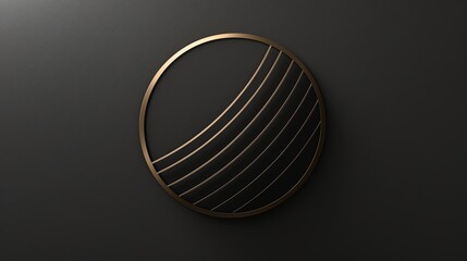 A 3D rendering of a black circle with gold lines and a gold frame on a black background.