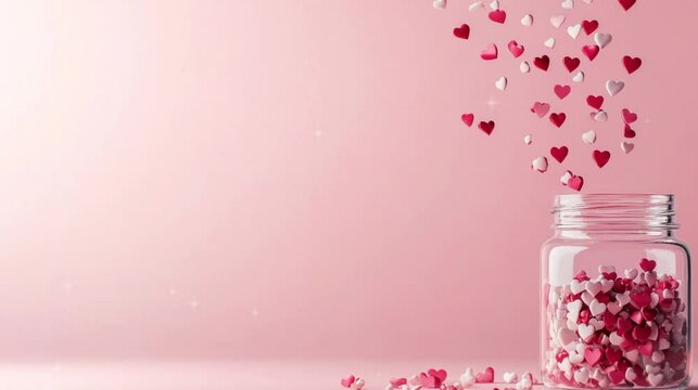 Paper pink heart in the jar with pink background copy space for text greeting video campaign for Valentine Day, Mothers' Day.