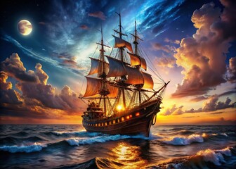 Obraz premium A pirate ship sails dark seas, moonlit night.