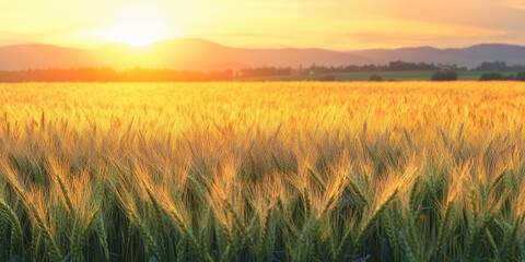 Obraz premium Expansive field of young wheat illuminated by the golden hues of sunset. This breathtaking scene of young wheat captures the essence of nature s beauty at dusk.