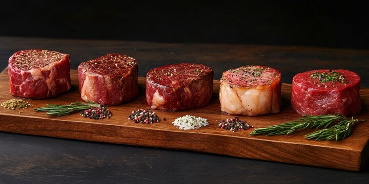 A variety of raw Black Angus prime meat steaks, including machete, blade on bone, New York, ribeye, and tenderloin filet mignon, showcased on a wooden board with seasoning.