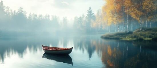 Serene fishing boat drifting on a tranquil lake surrounded by misty autumn forest at dawn