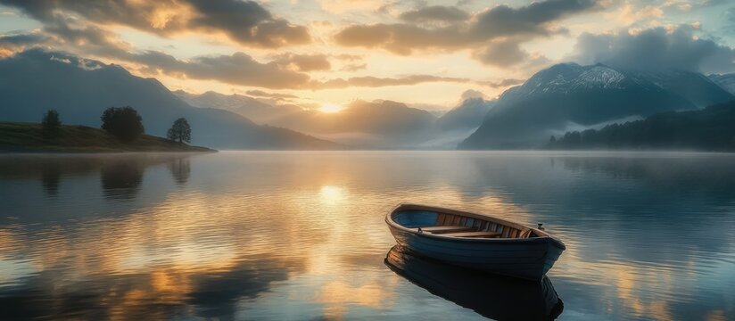 Serene sunset over a tranquil lake with a small fishing boat reflecting the majestic mountain landscape.