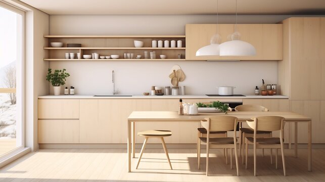 A Scandinavian style kitchen featuring light wood tones a minimalist decor and an efficient well organized layout that promotes a clean harmonious living space