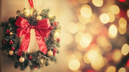Obraz premium Stylish indoor Christmas wreath adorned with red bow and festive decorations creating a warm holiday atmosphere with bokeh lights in background