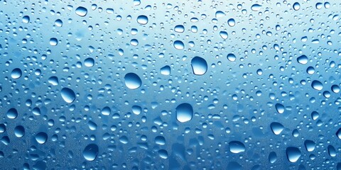 Blue background featuring rain water drops on glass creates a serene atmosphere. The rain water drops on glass against a blue background evoke a sense of tranquility and freshness in the scene.