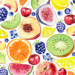 Watercolor set of hand painted fruits illustrations. Fresh and juicy berries and fruits for sweet food design.