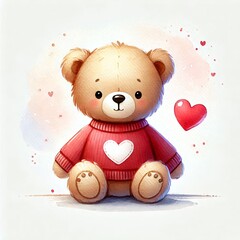 Cute teddy bear wearing heart sweater illustration in watercolor style