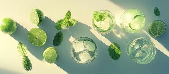 Ingredients and tools for cocktail preparation with lime mint and ice viewed from above creating a refreshing drink scene