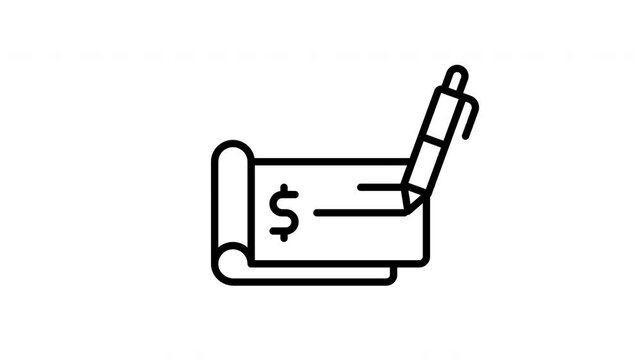 Animated Cheque icon in line style, suitable for banking, financial, money management, investment and budgeting illustration concepts.