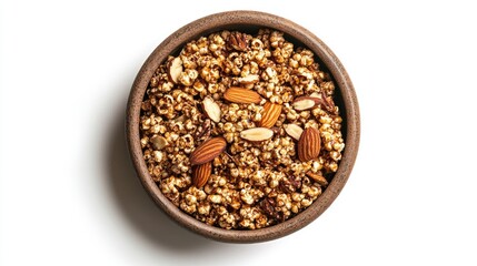 Gourmet popcorn with almonds and pecans in an ancient stoneware bowl on a white background showcasing a delicious snack delight.