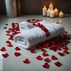 A luxurious spa setup with heart-shaped towels and red rose petals scattered on the floor.
