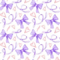Watercolor lavender bow and ribbon hand painted seamless pattern