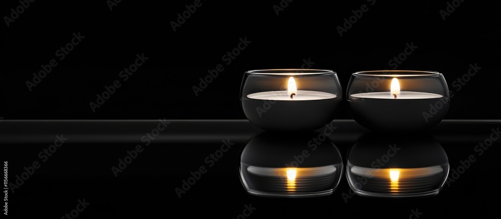Poster Elegant candles glowing softly on a reflective surface with a serene black backdrop creating a calming ambiance and shallow depth of field effect