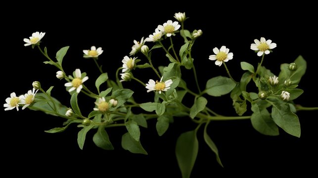 Tridax procumbens flowering plant with green leaves isolated on black background showcasing its natural beauty and characteristics