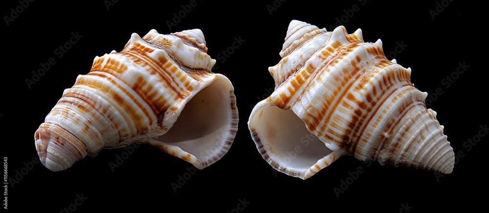 Poster Twin sea shells showcasing intricate patterns and textures on a black background captured from a beach setting.