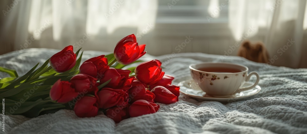 Poster red tulips and a cup of tea elegantly arranged on a cozy bed with sunlight filtering through curtain