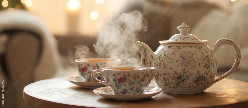 Aufkleber charming vintage teapot and cups with steaming tea on a rustic wooden table creating a cozy and invi