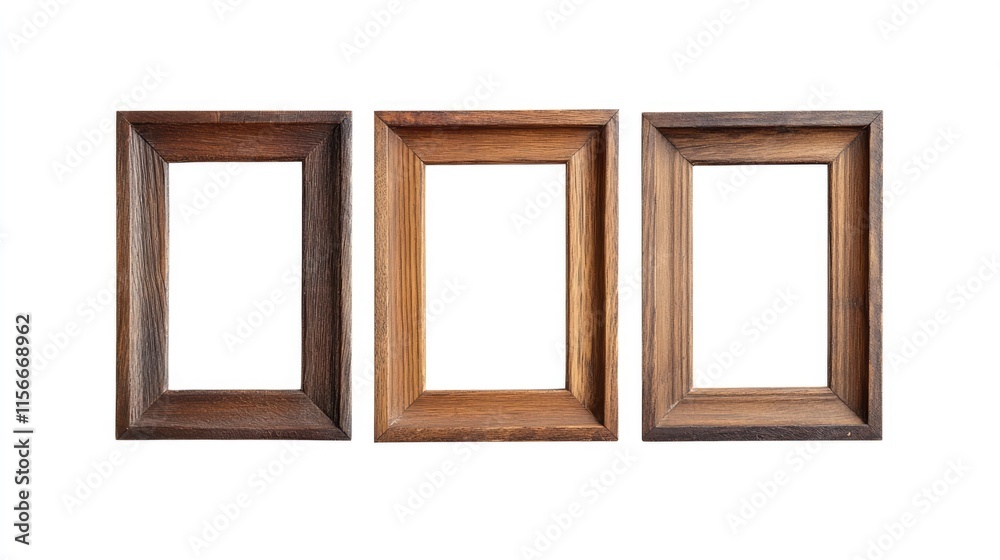 Poster Triple wooden frames for artwork or mirrors isolated on white background versatile design element with clipping path for various decor styles