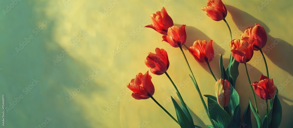 Poster Vibrant red tulips on a soft yellow green background with an overhead perspective and ample space for personalized text or branding