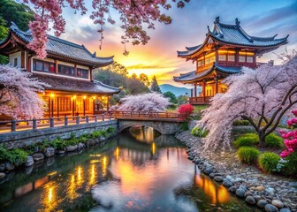 Obraz premium Chinese Architecture in Cherry Blossom Garden - AI Photo