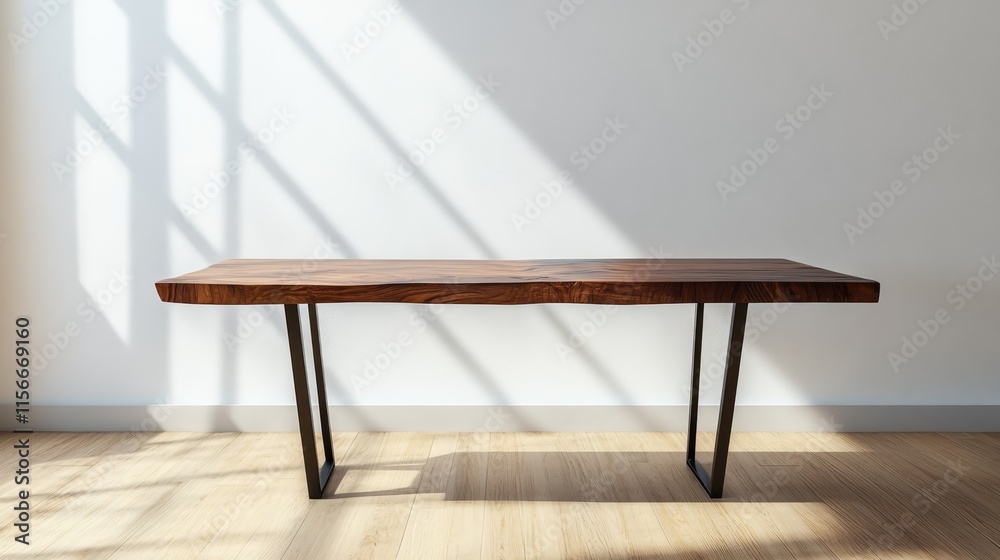 Poster elegant modern wooden table with angular iron legs in minimalist room illuminated by sunlight castin